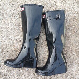 Hunter High Gloss Tall Wedge Boots Sz. 6